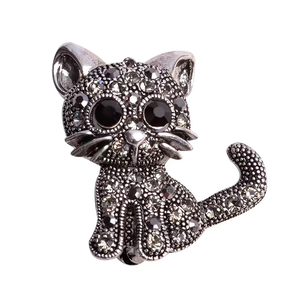 New Cat Rhinestone Antique Silver Tone Brooch Pin Vintage Style Cat Brooch Pin